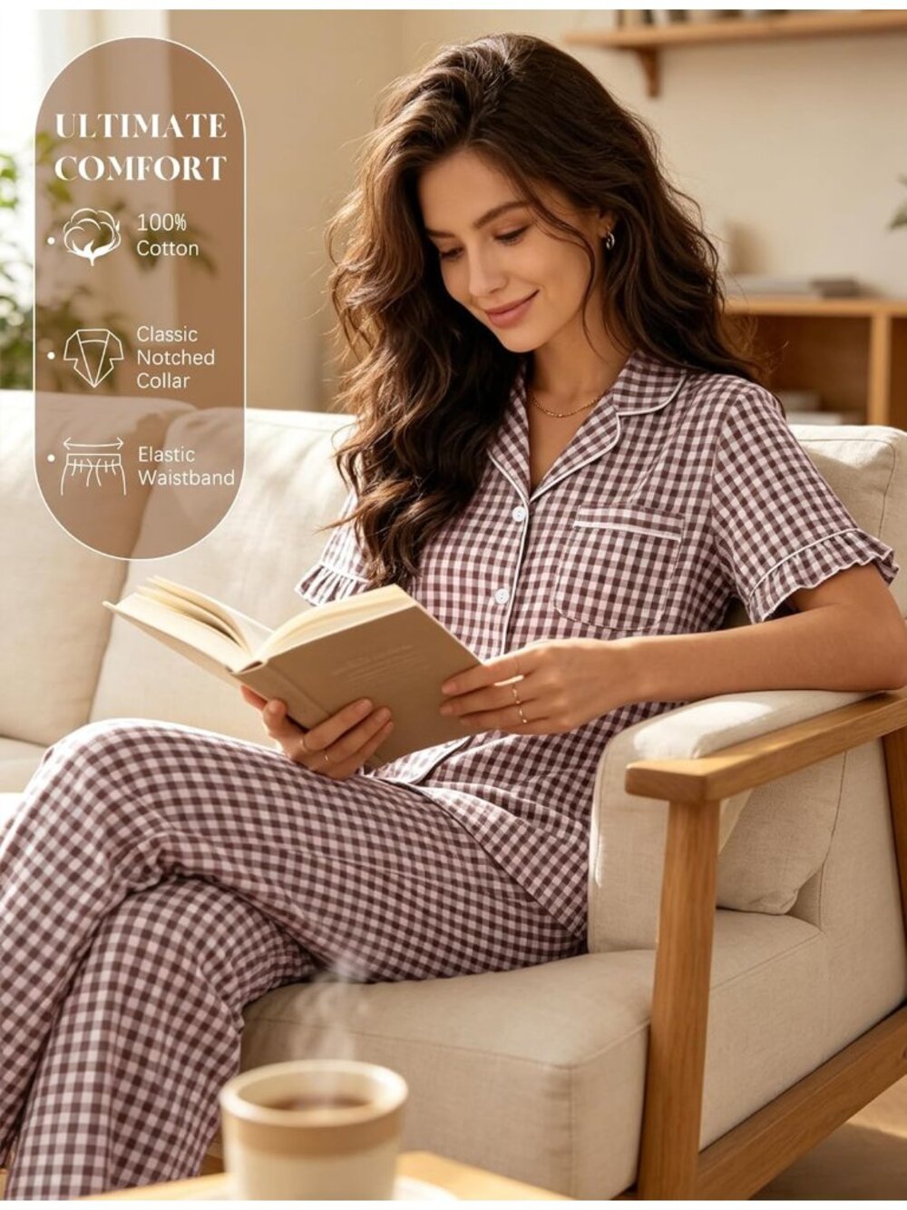Women's Black & White Cotton Button Down Shirt Sleepwear 2 Piece Pajamas Set - Picture 4 of 7